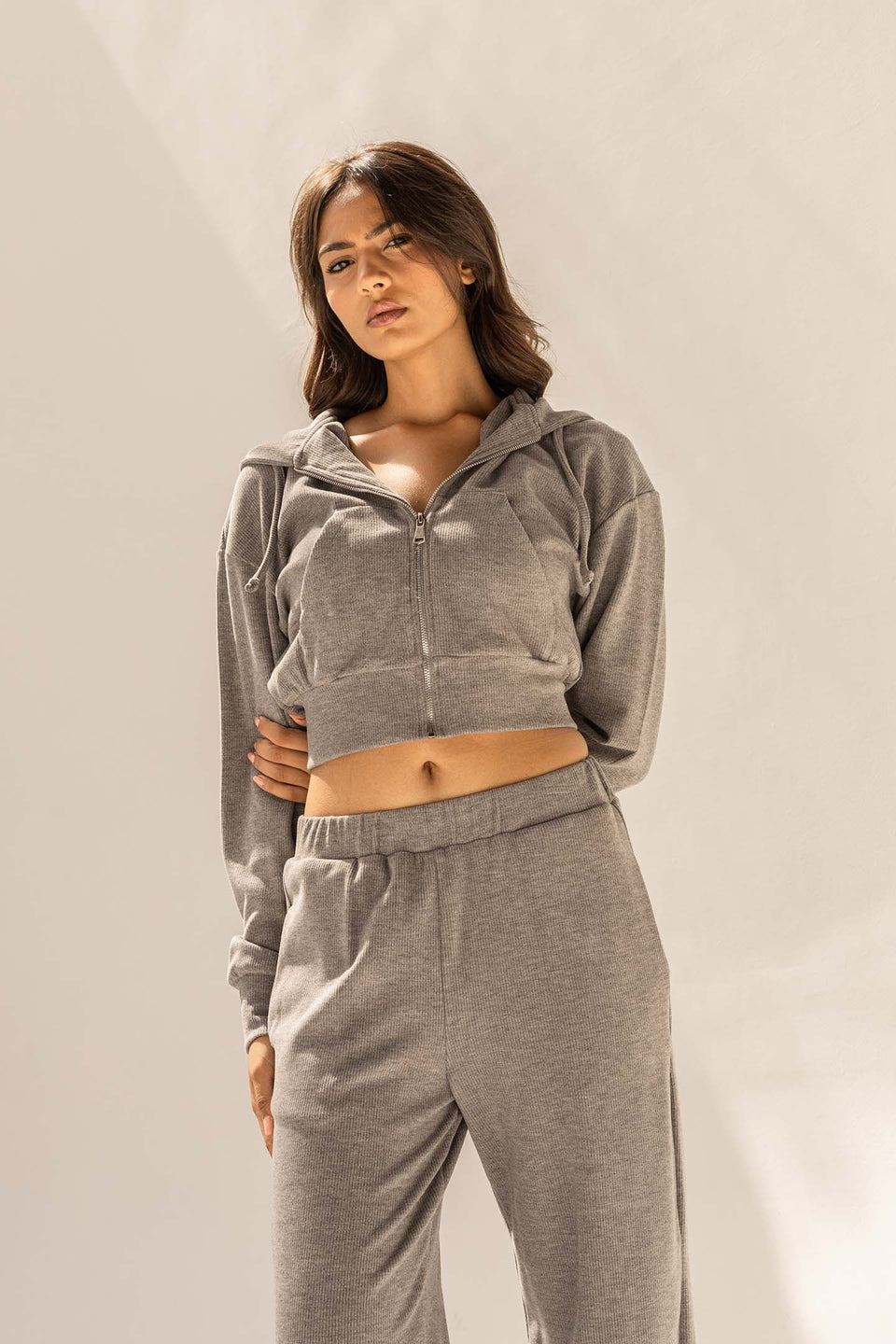 Dark Grey Cozy Ribbed Zip Hoodie
