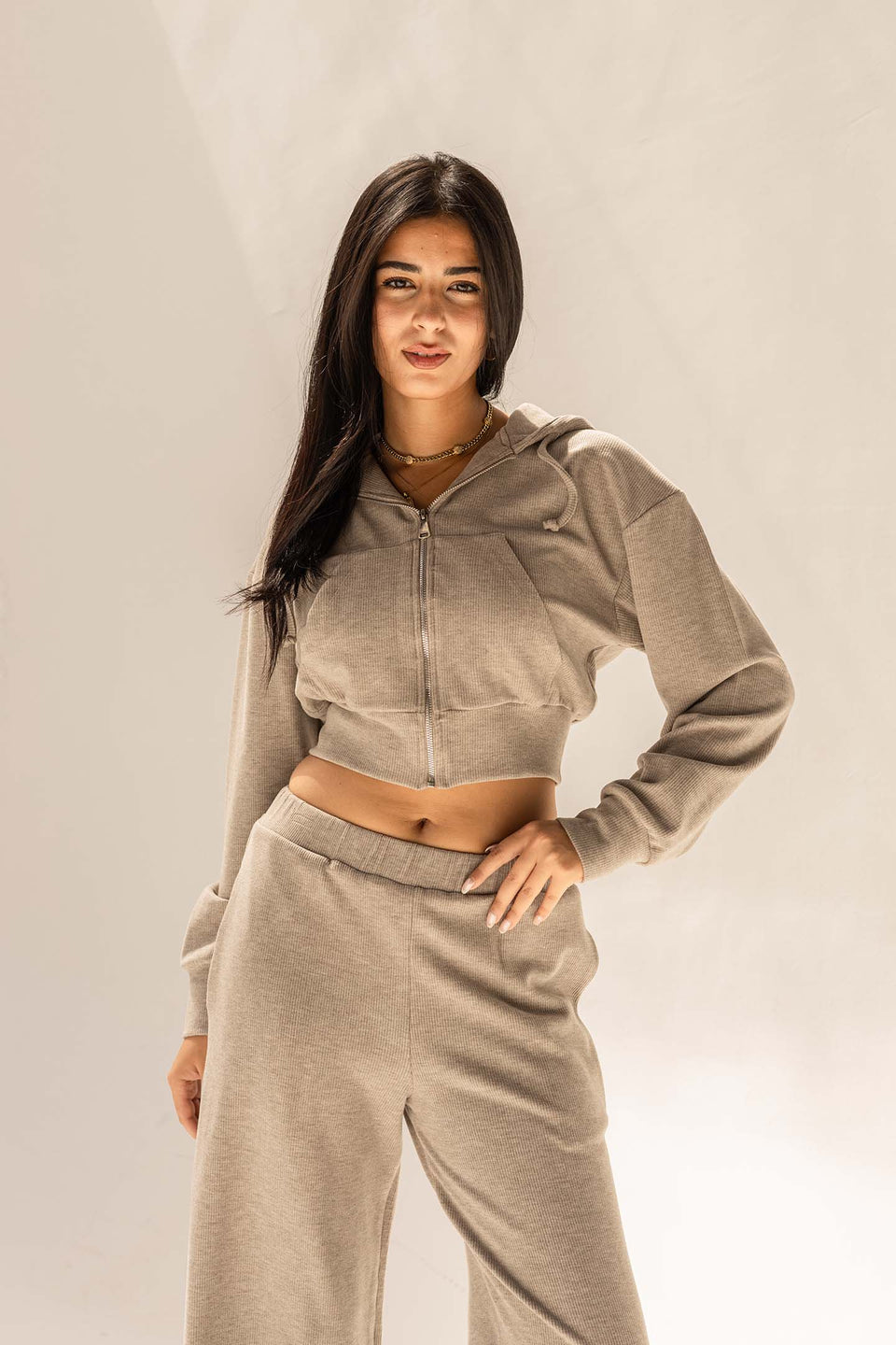 Grey Cozy Ribbed Zip Hoodie
