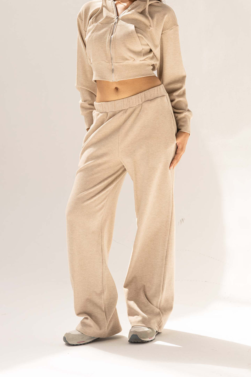 Beige Ribbed High-Waist Lounge Pants