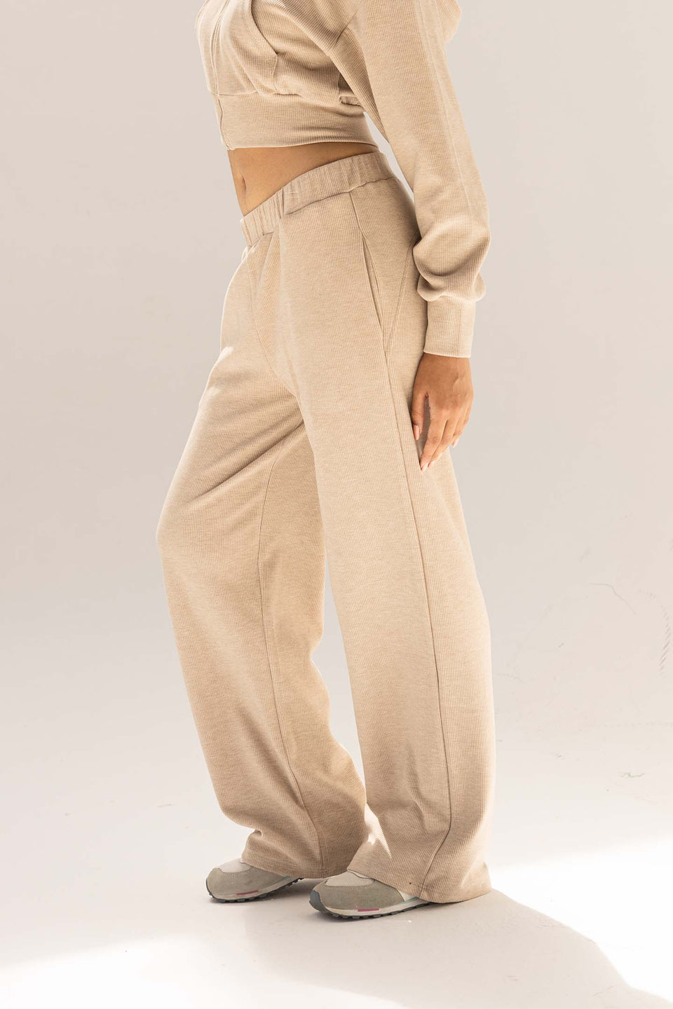 Beige Ribbed High-Waist Lounge Pants