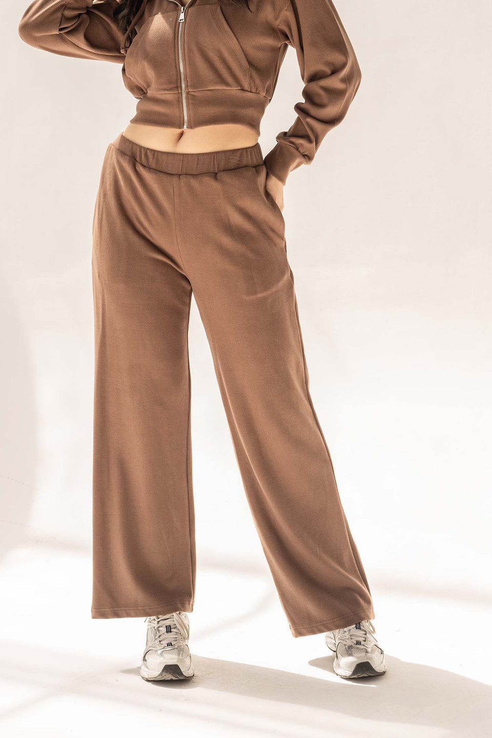 Brown Ribbed High-Waist Lounge Pants