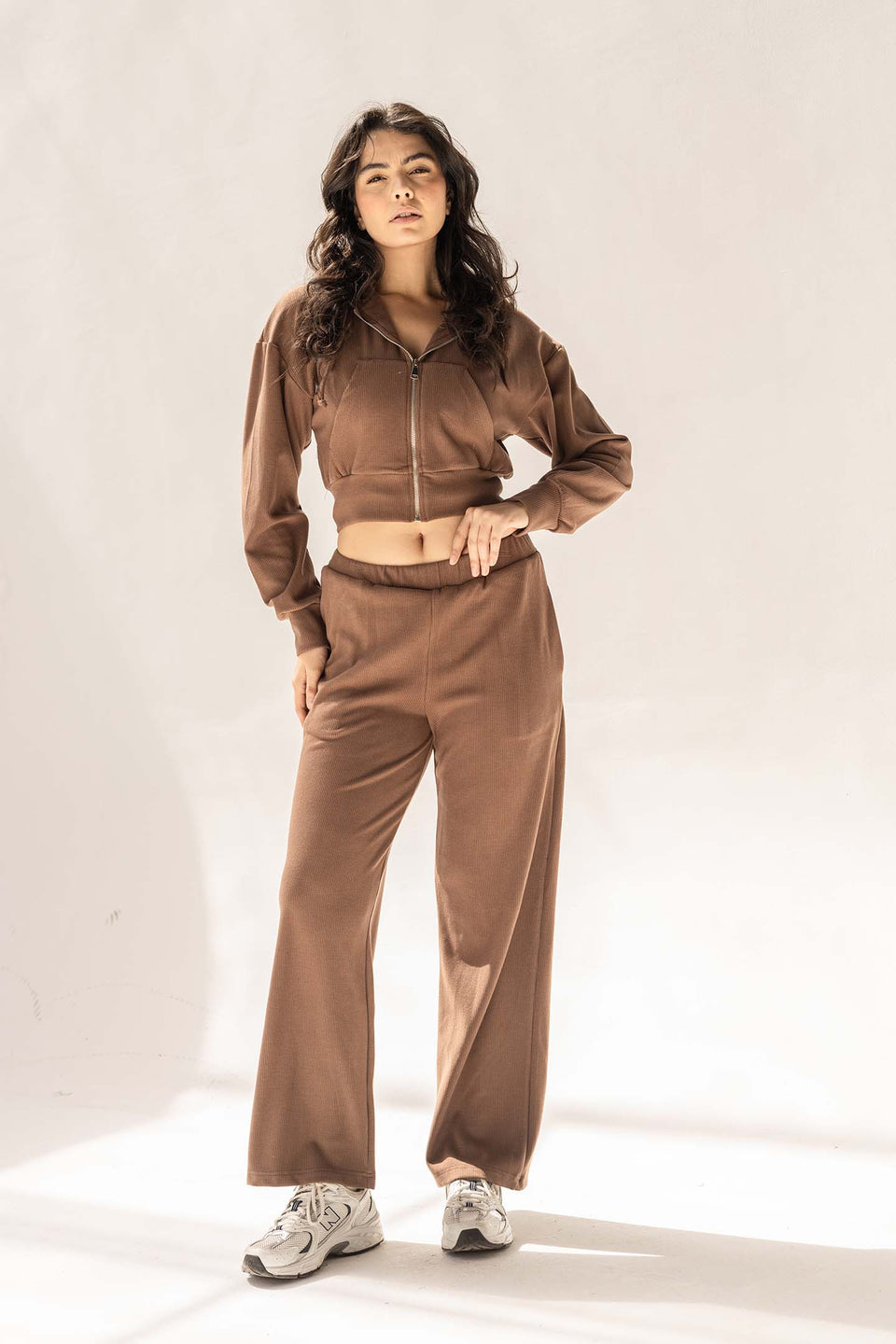 Brown Ribbed High-Waist Lounge Pants
