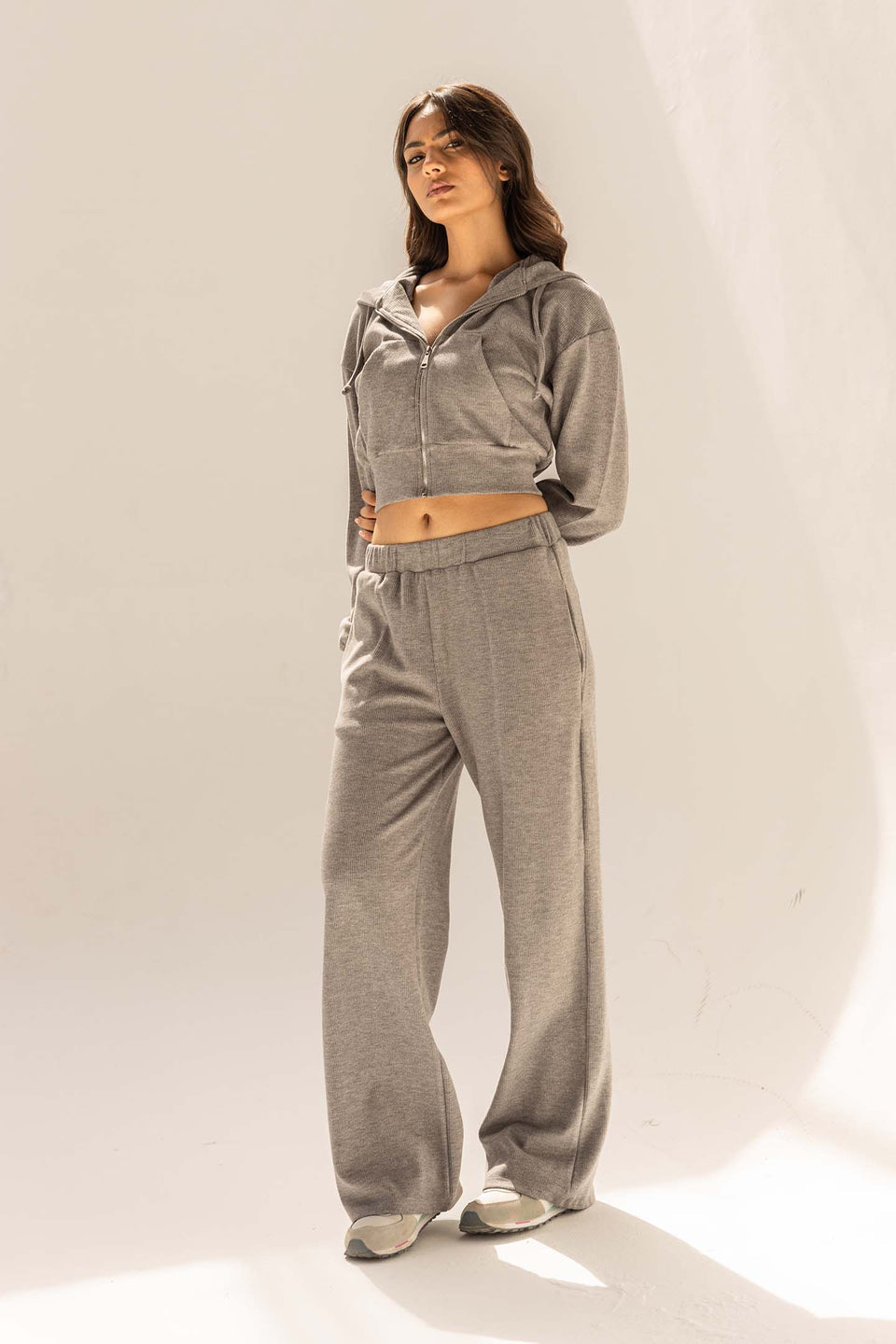 Dark Grey Ribbed High-Waist Lounge Pants