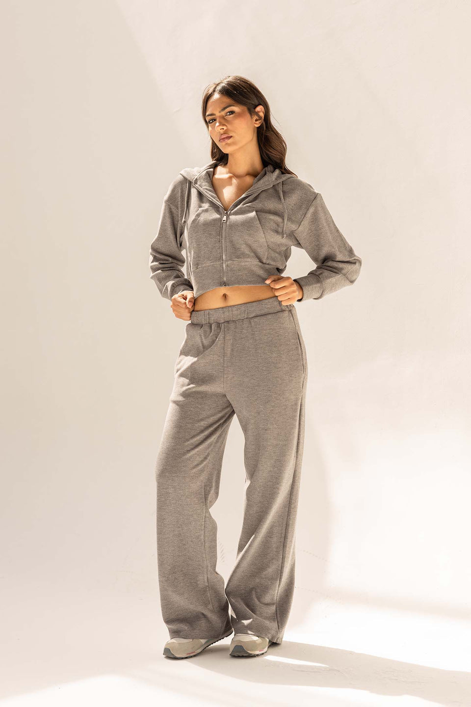 Dark Grey Ribbed High-Waist Lounge Pants