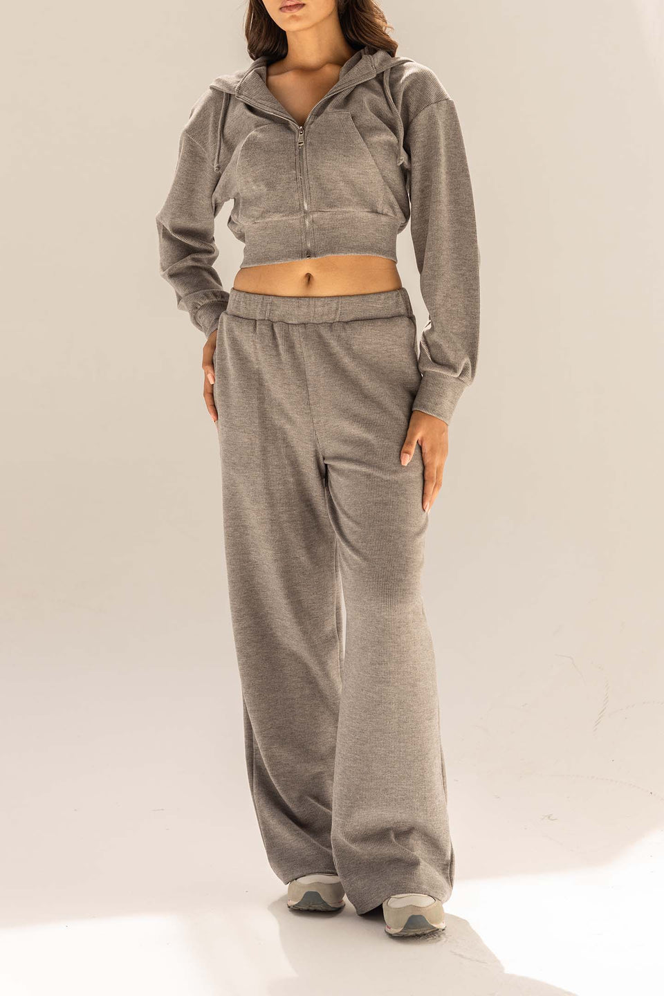 Dark Grey Ribbed High-Waist Lounge Pants