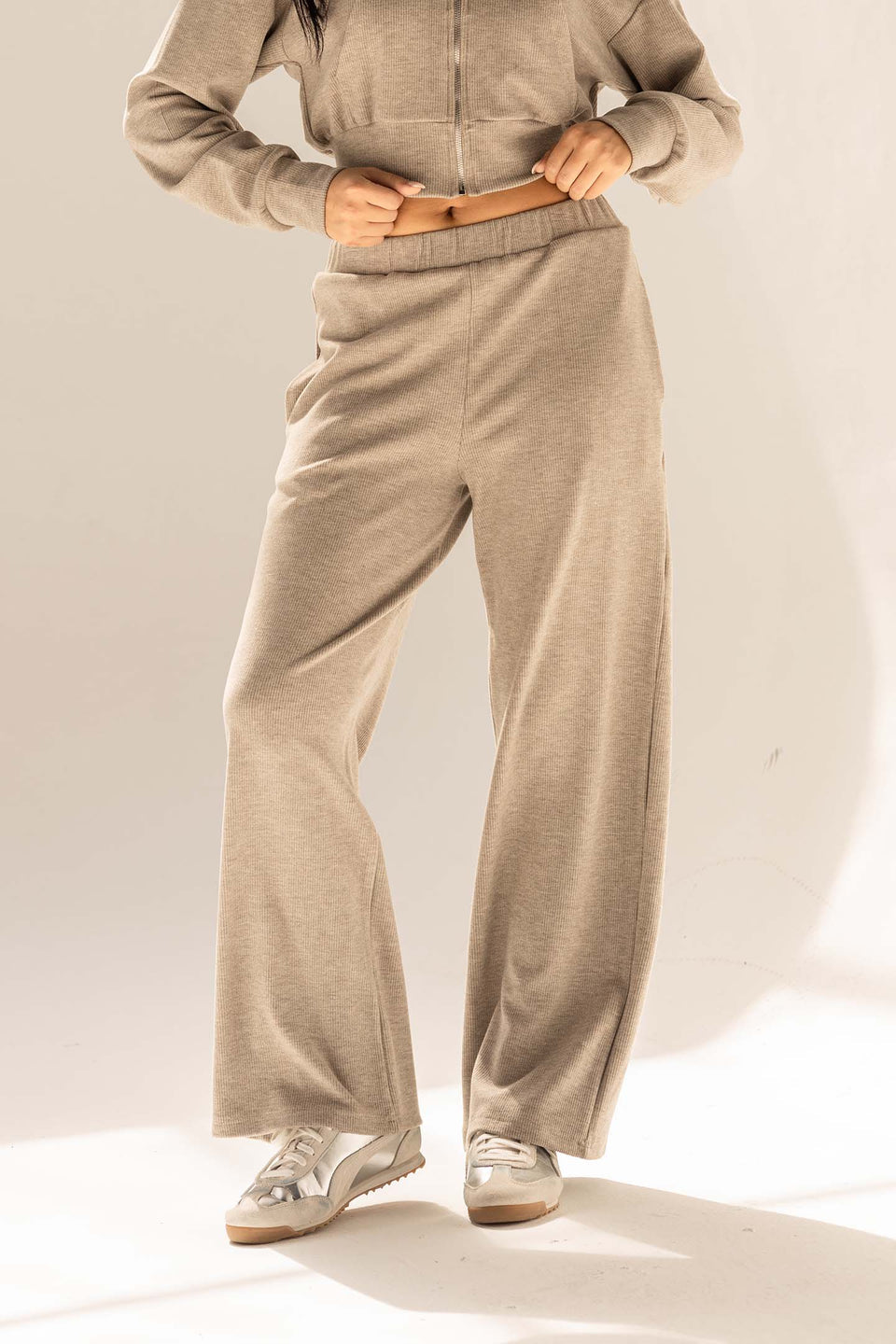Grey Ribbed High-Waist Lounge Pants