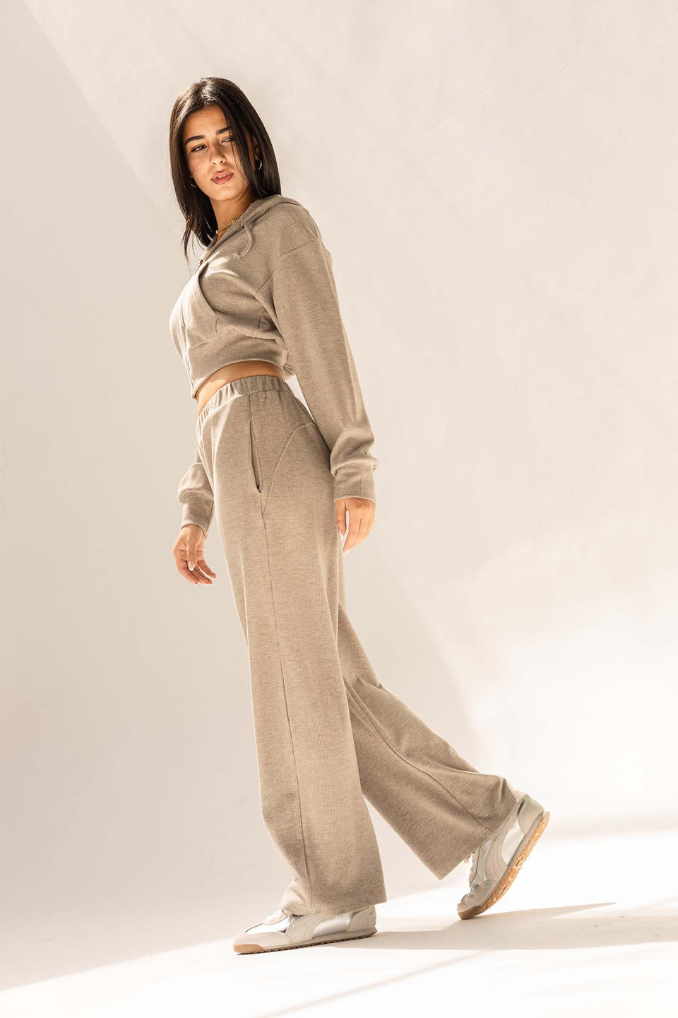 Grey Ribbed High-Waist Lounge Pants