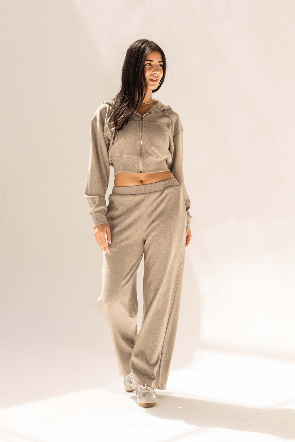 Grey Ribbed High-Waist Lounge Pants