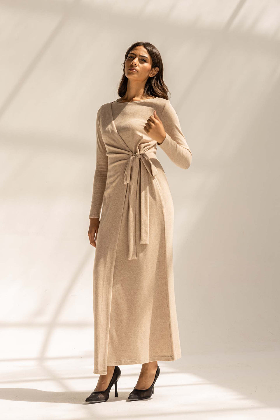 Beige Elegant Wool Wrap Dress