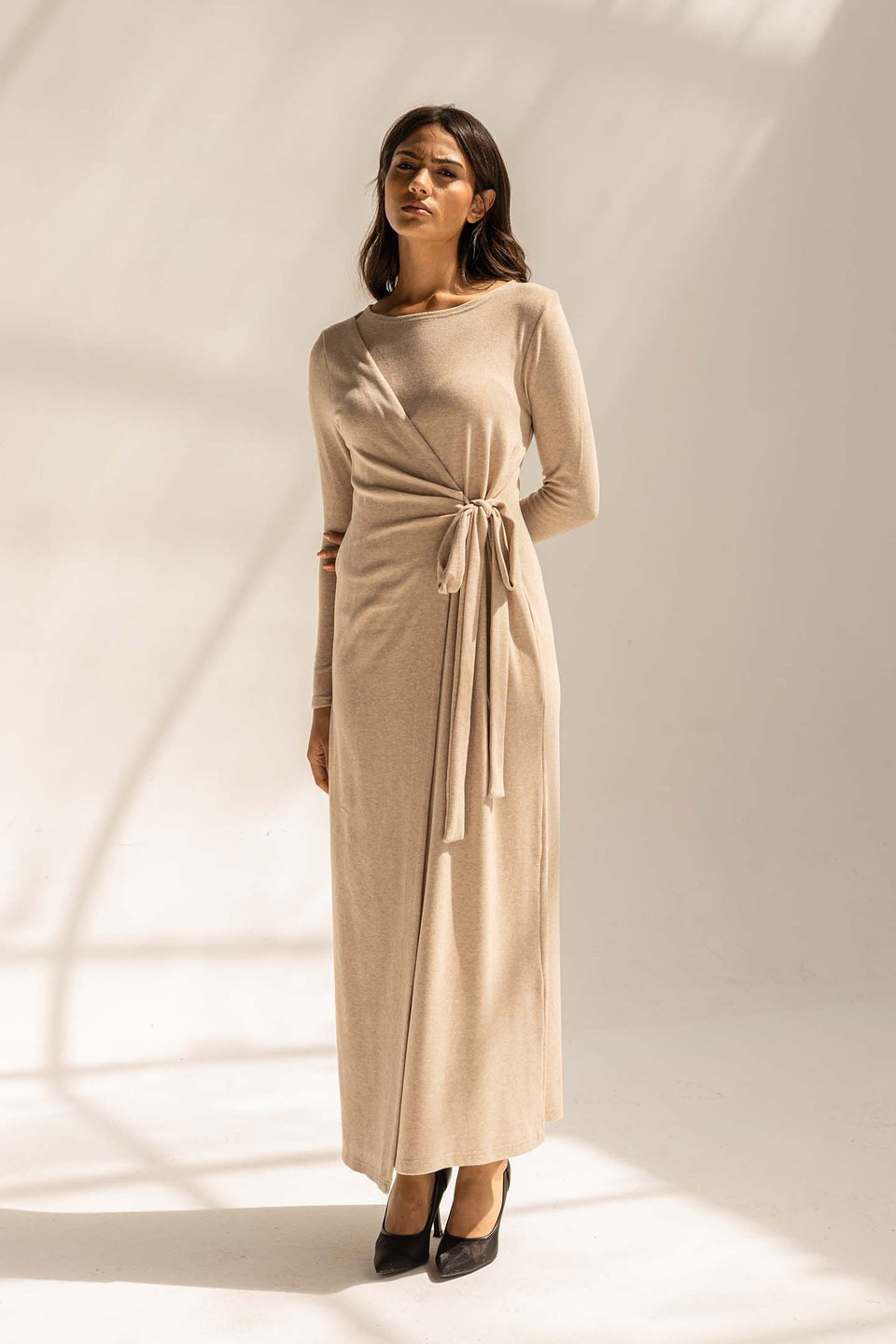 Beige Elegant Wool Wrap Dress