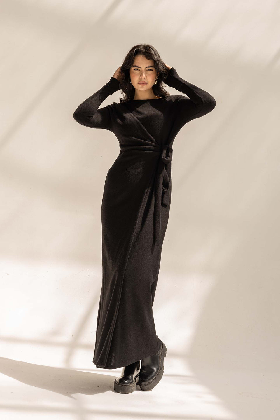 Black Elegant Wool Wrap Dress