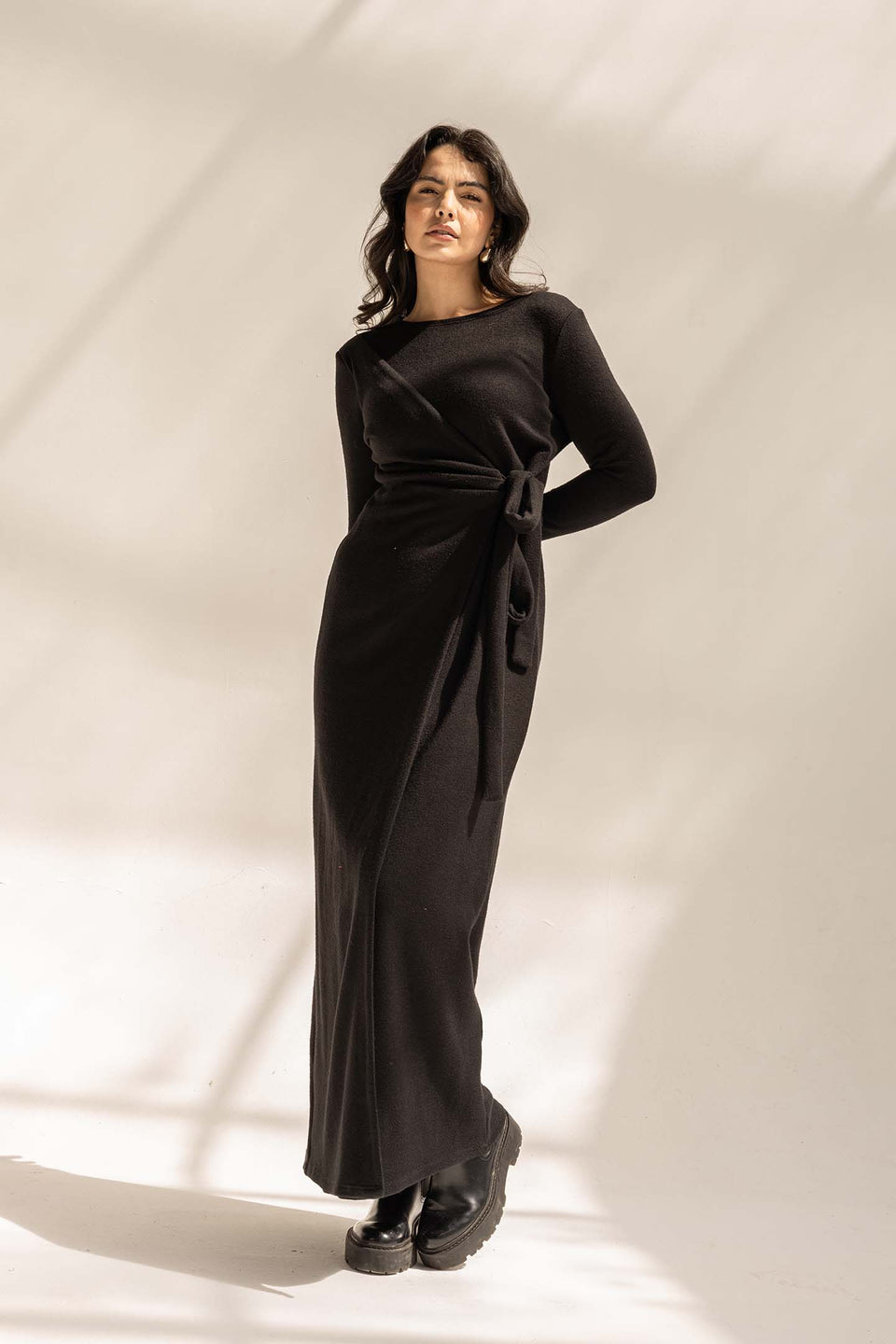 Black Elegant Wool Wrap Dress