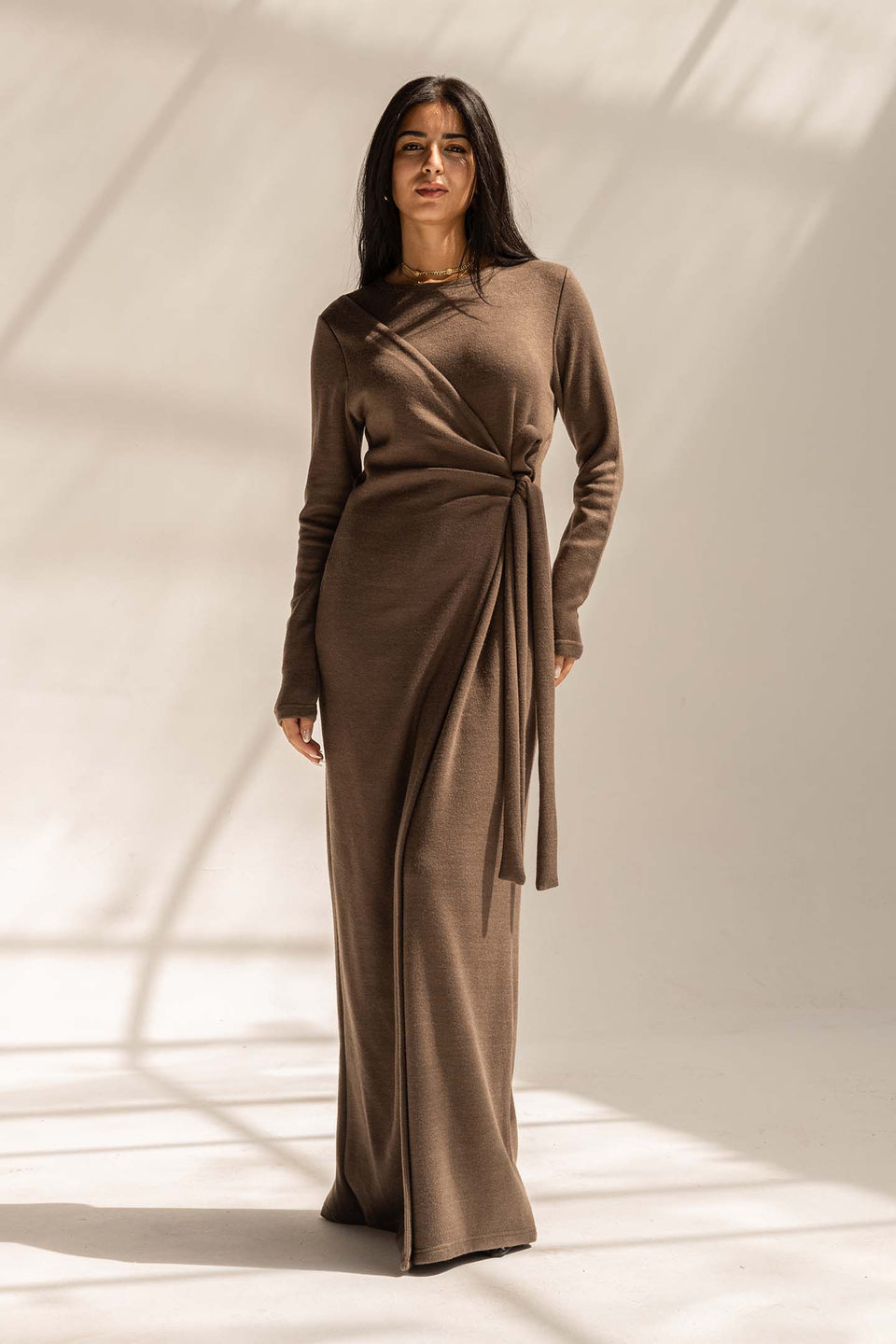 Brown Elegant Wool Wrap Dress