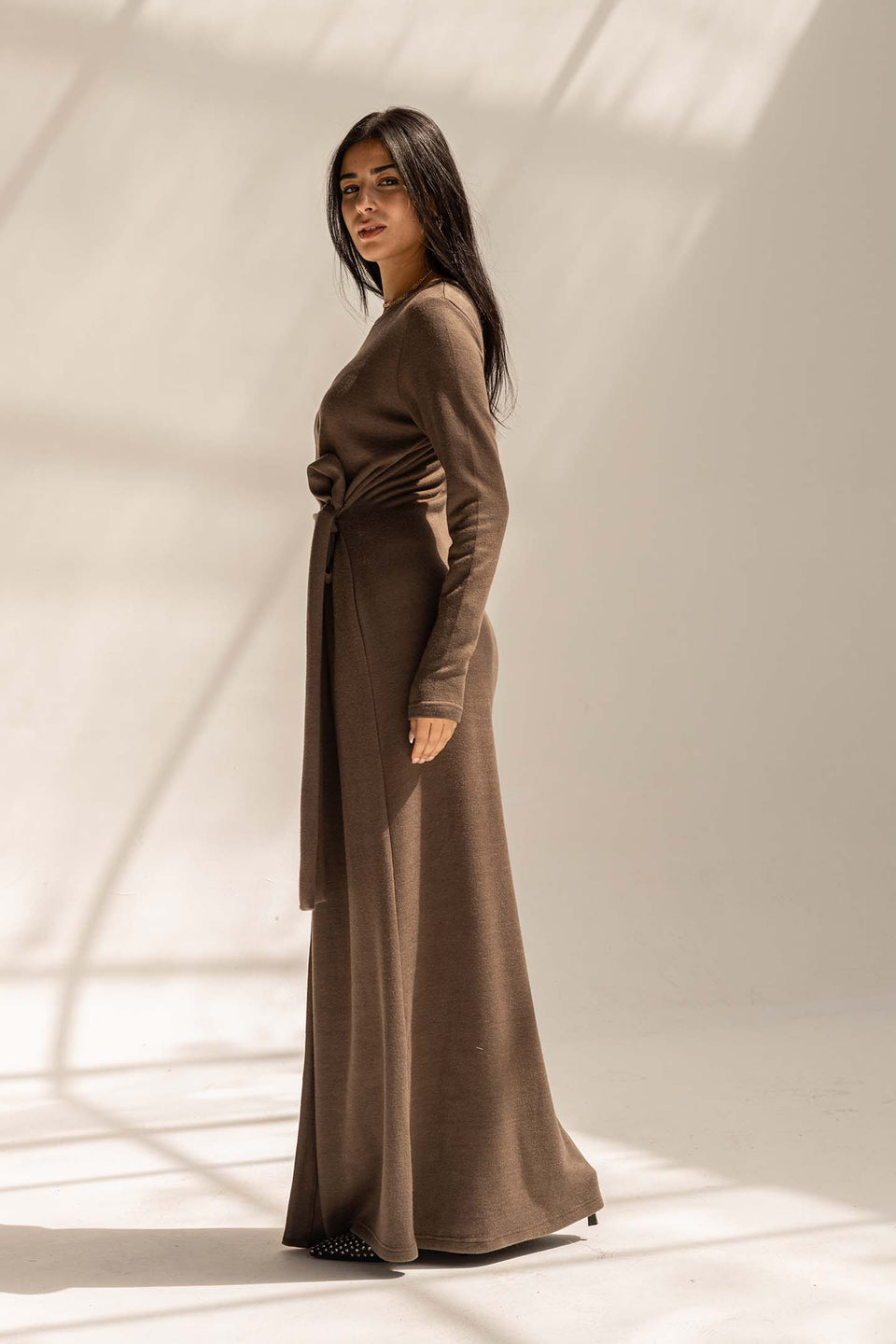 Brown Elegant Wool Wrap Dress