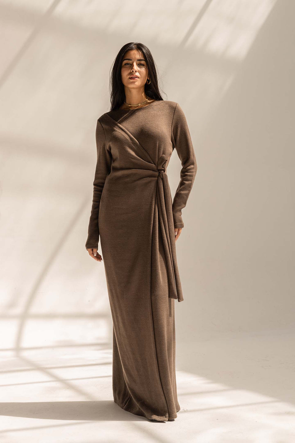 Brown Elegant Wool Wrap Dress