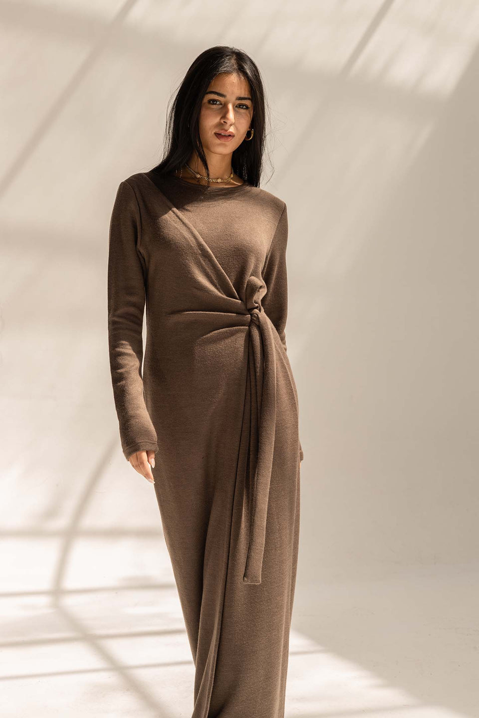 Brown Elegant Wool Wrap Dress