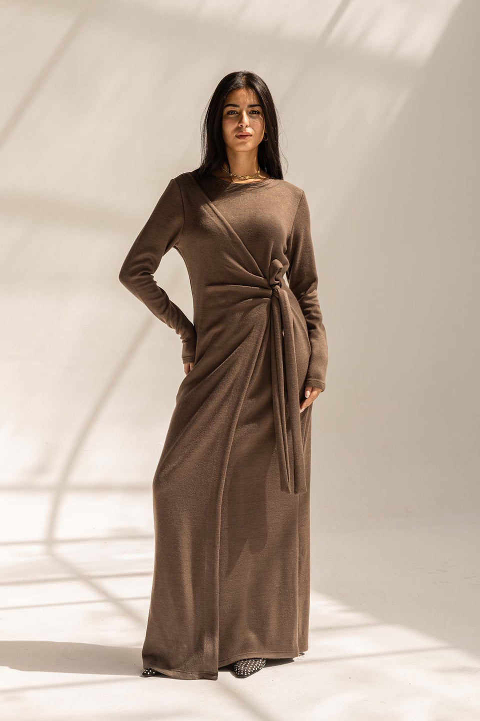 Brown Elegant Wool Wrap Dress