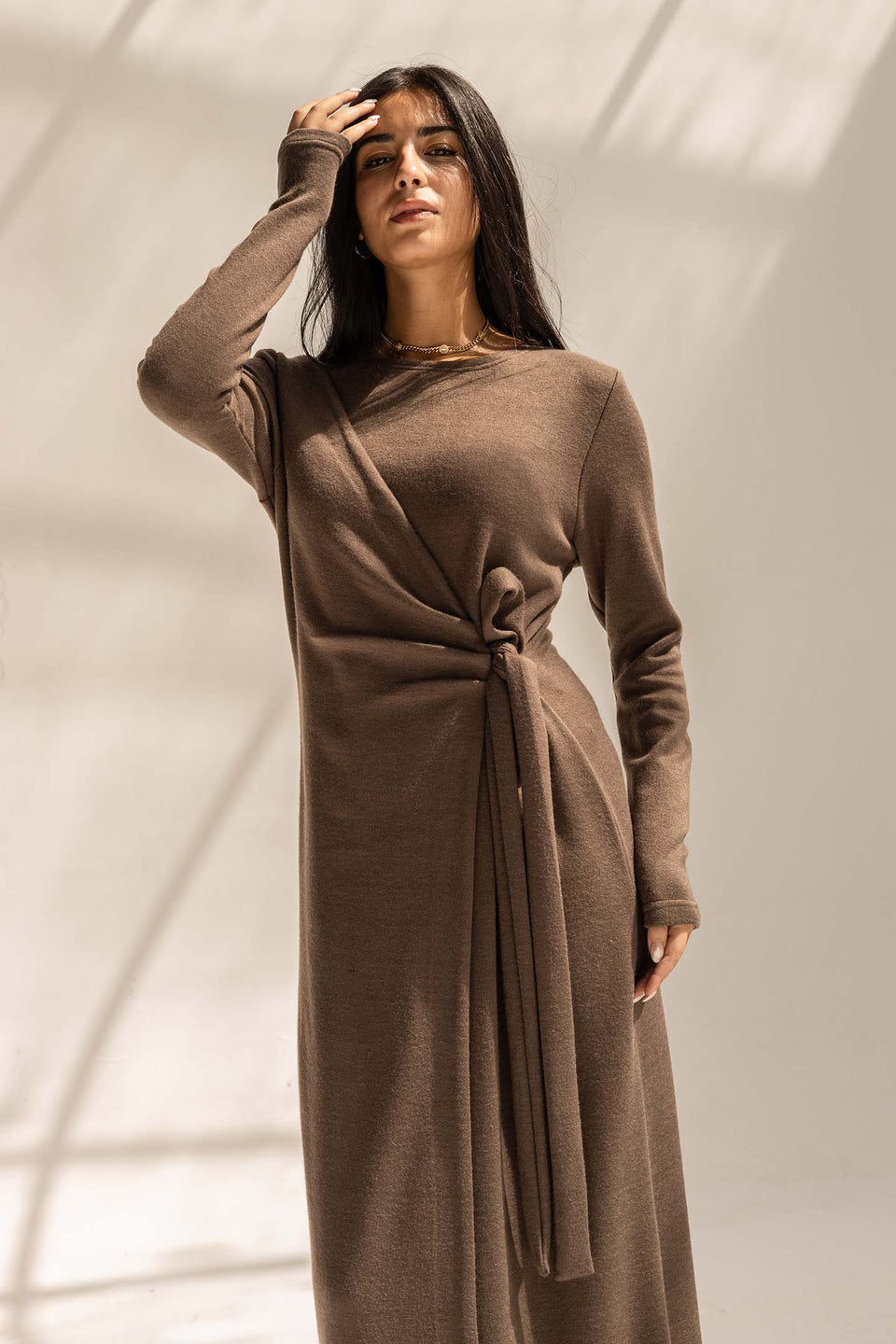 Brown Elegant Wool Wrap Dress