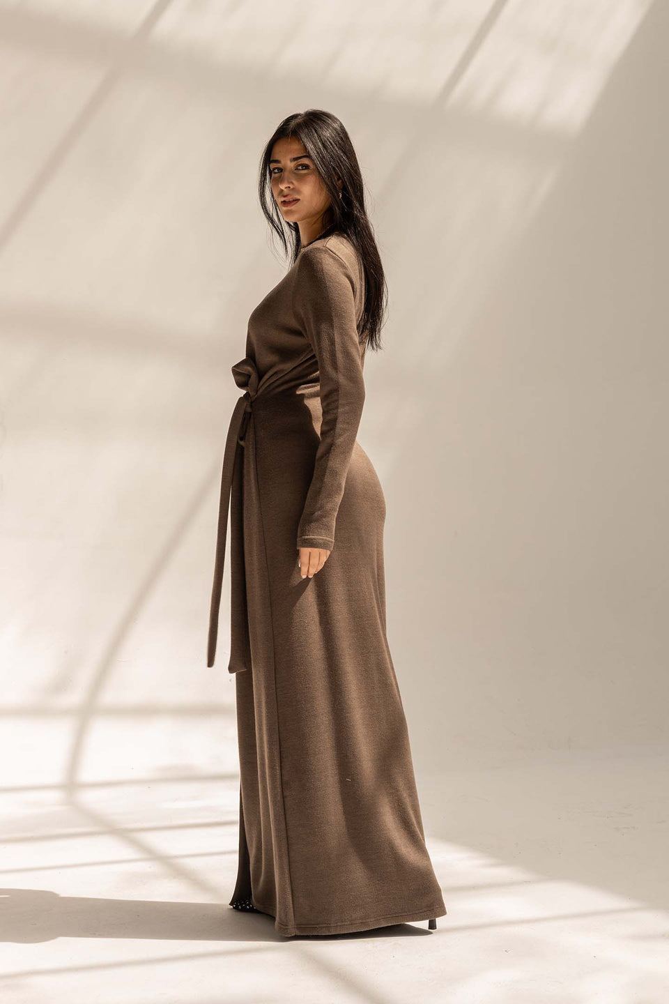 Brown Elegant Wool Wrap Dress