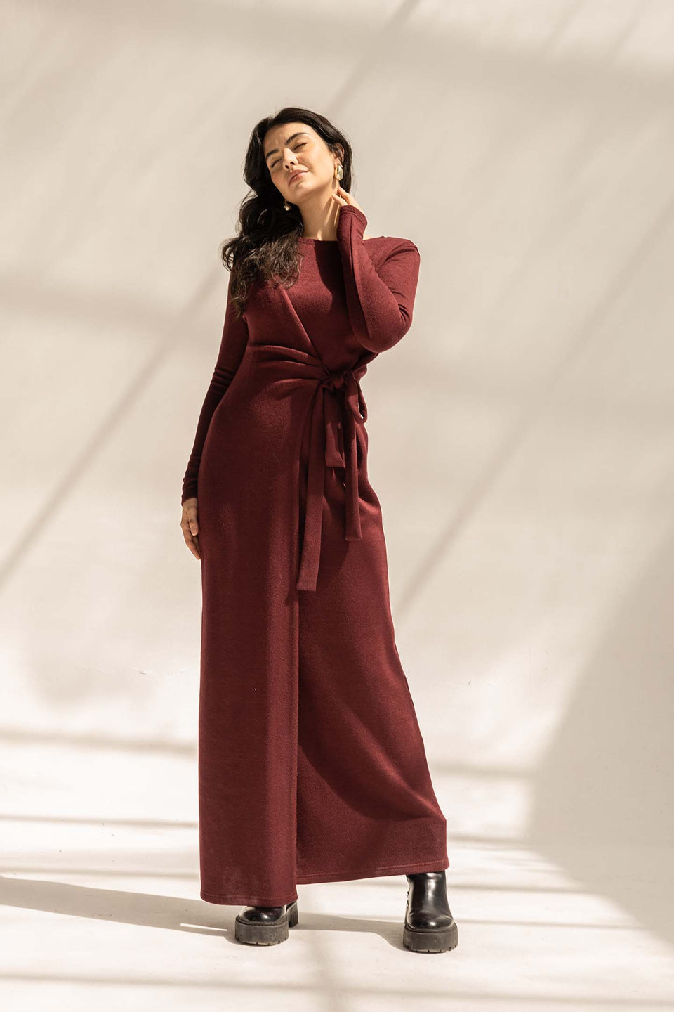 Burgundy Elegant Wool Wrap Dress