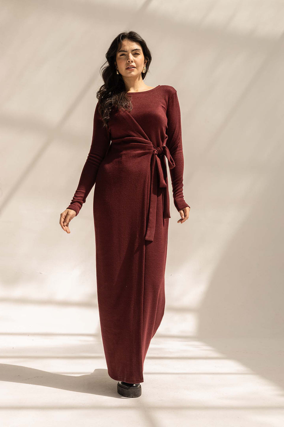 Burgundy Elegant Wool Wrap Dress