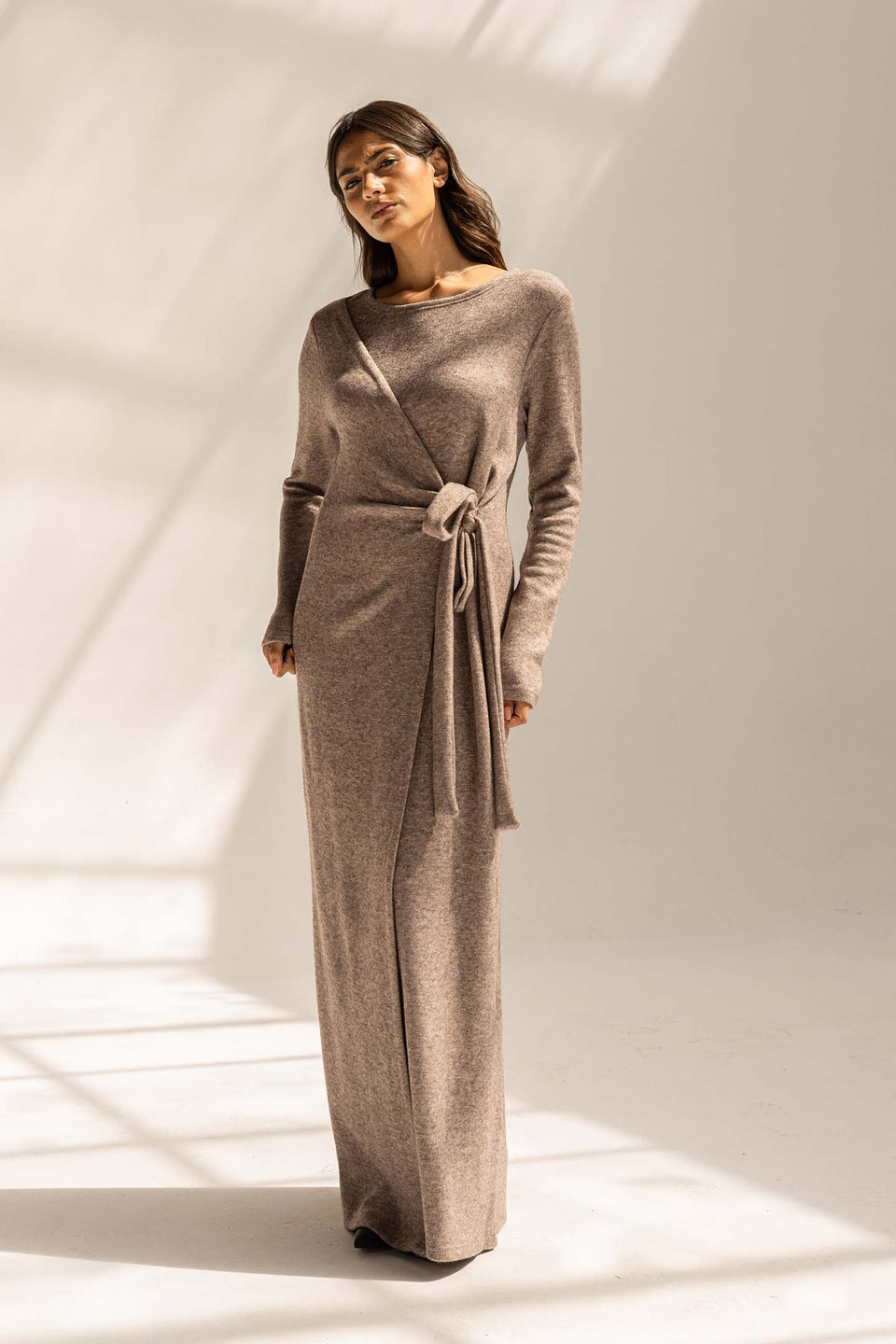 Coffe Elegant Wool Wrap Dress