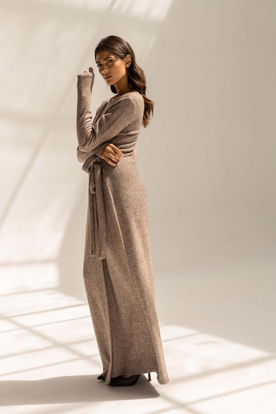 Coffe Elegant Wool Wrap Dress