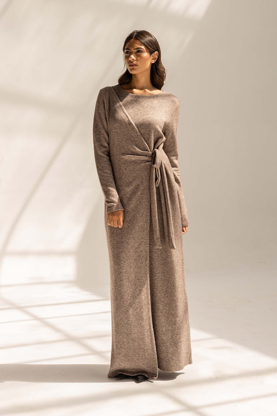 Coffe Elegant Wool Wrap Dress