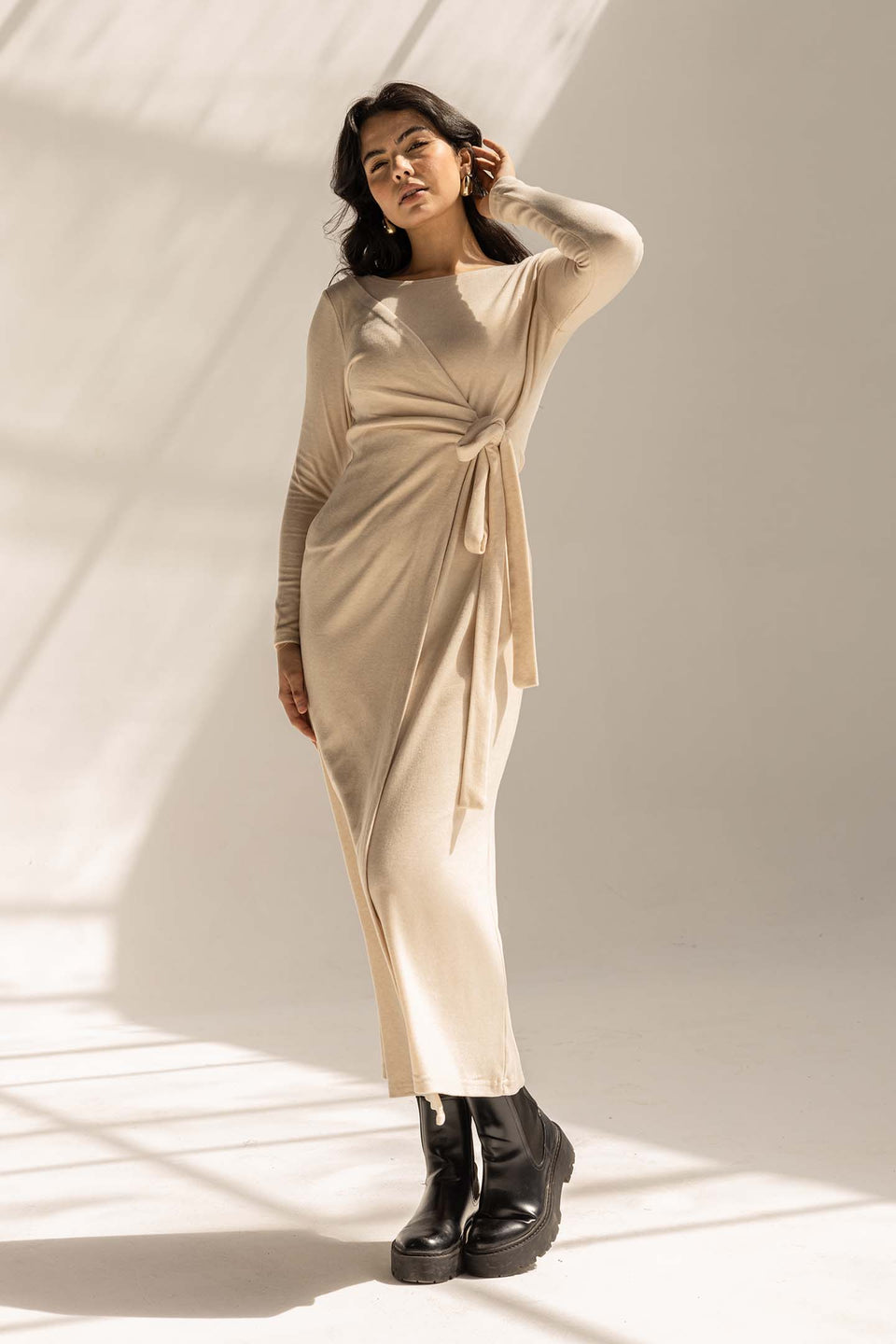 Off White Elegant Wool Wrap Dress