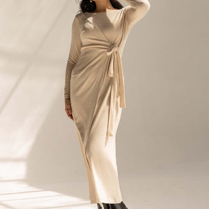 Off White Elegant Wool Wrap Dress