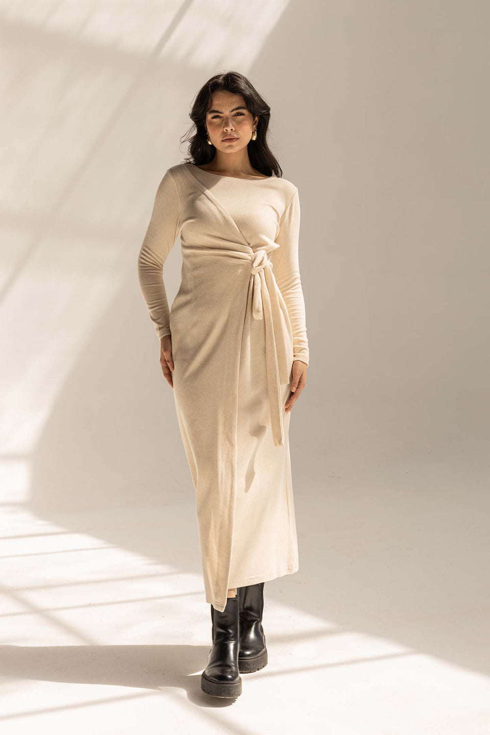 Off White Elegant Wool Wrap Dress