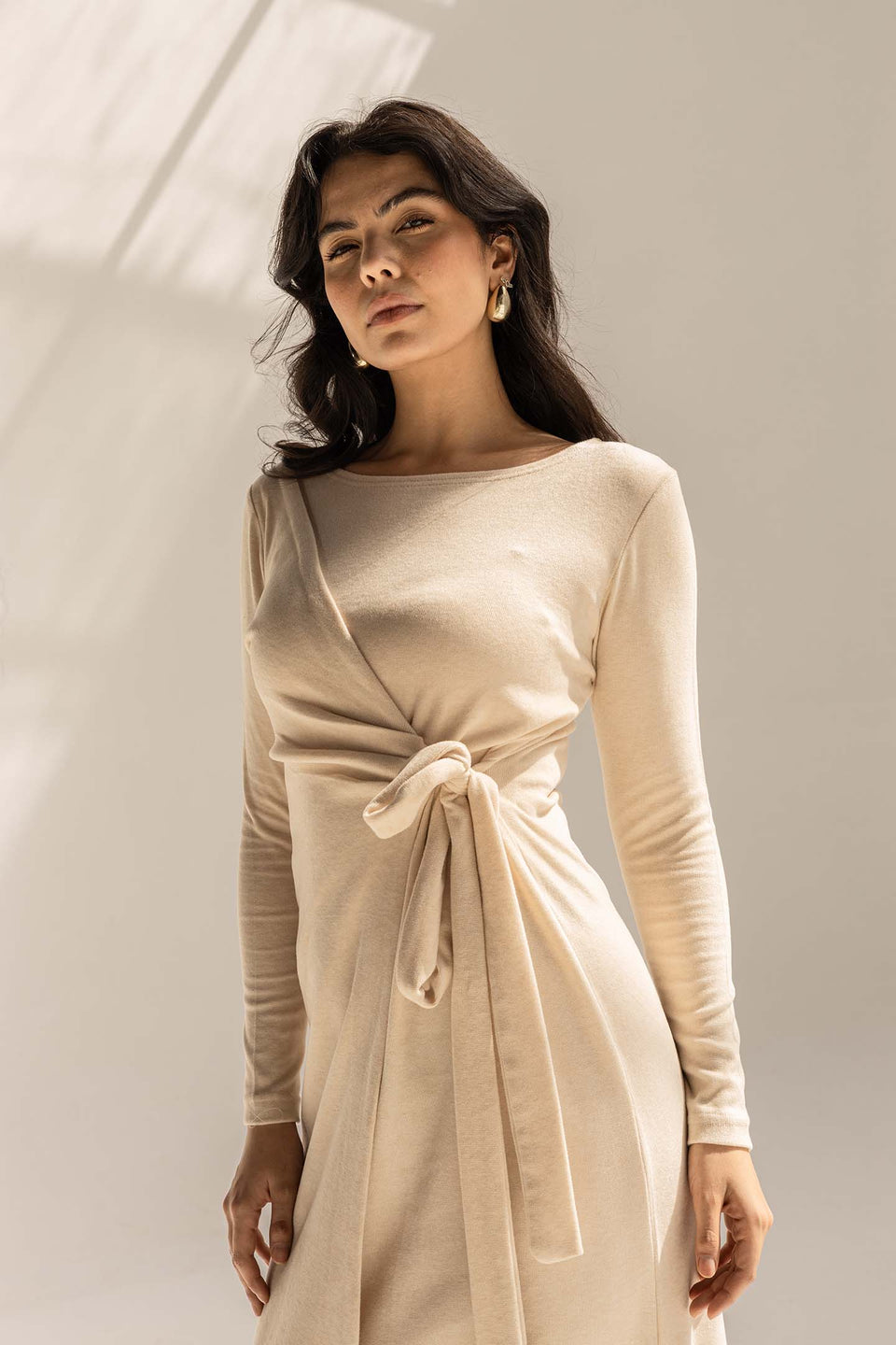 Off White Elegant Wool Wrap Dress