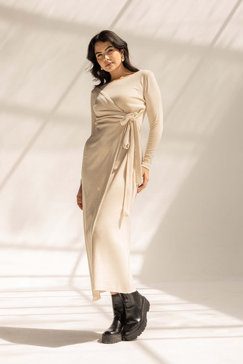 Off White Elegant Wool Wrap Dress