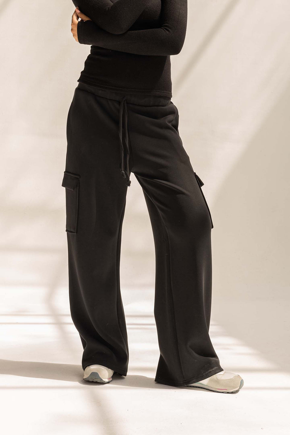 Black Soft Modal Wide Leg Cargo Pants