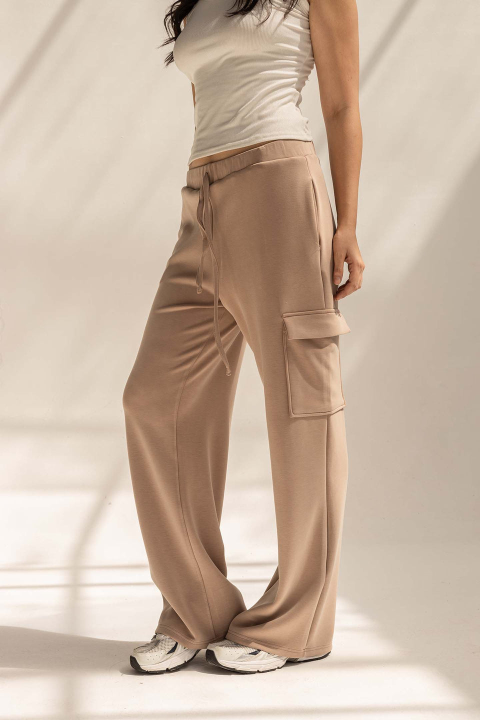Coffe Soft Modal Wide Leg Cargo Pants
