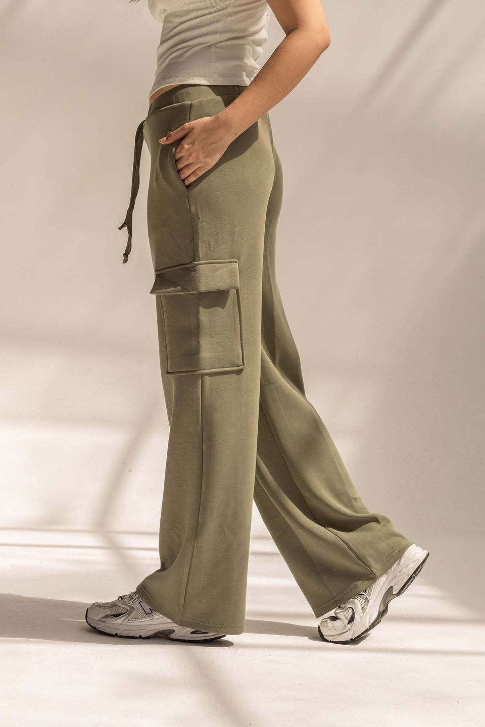 Olive Soft Modal Wide Leg Cargo Pants