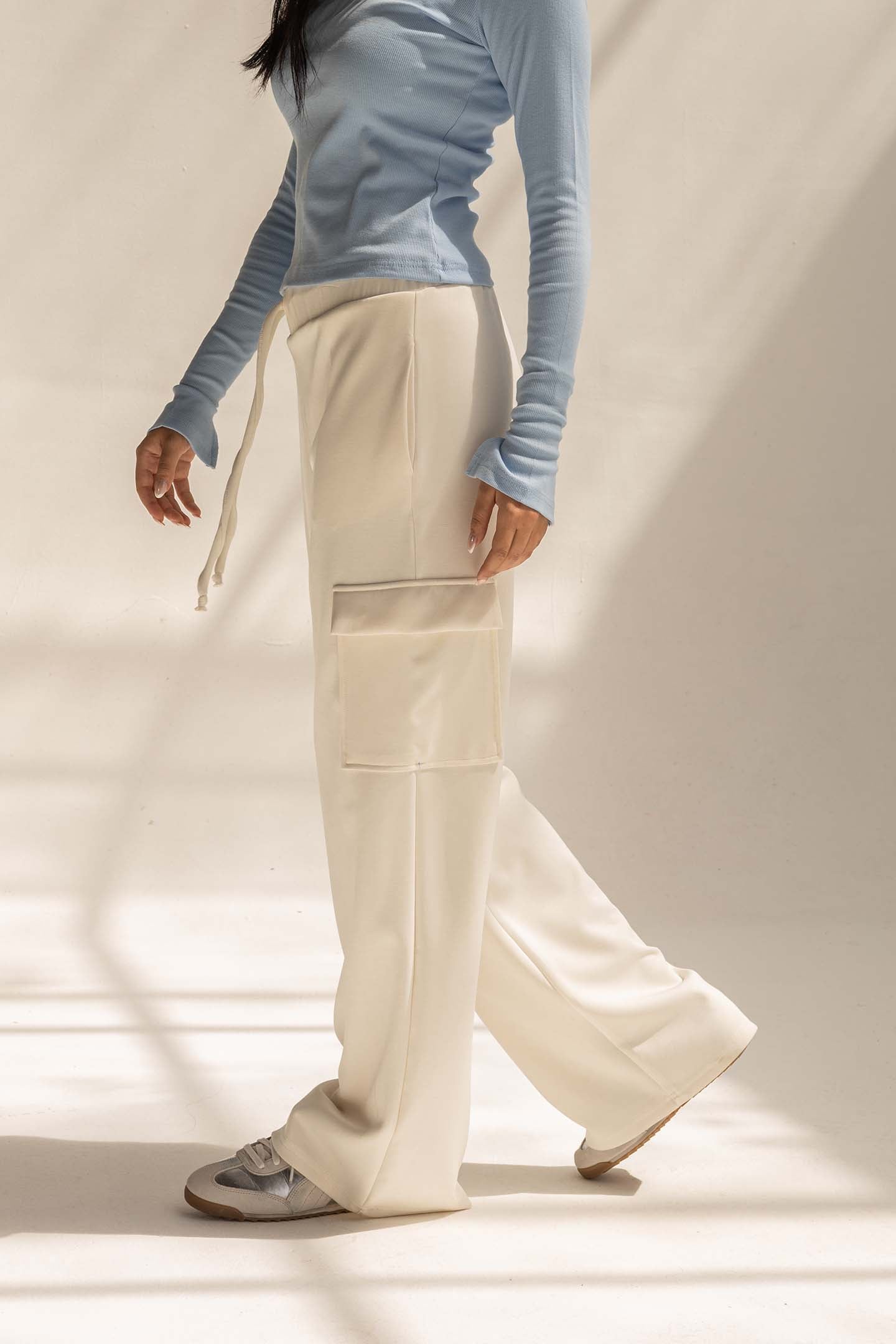 Off White Soft Modal Wide Leg Cargo Pants