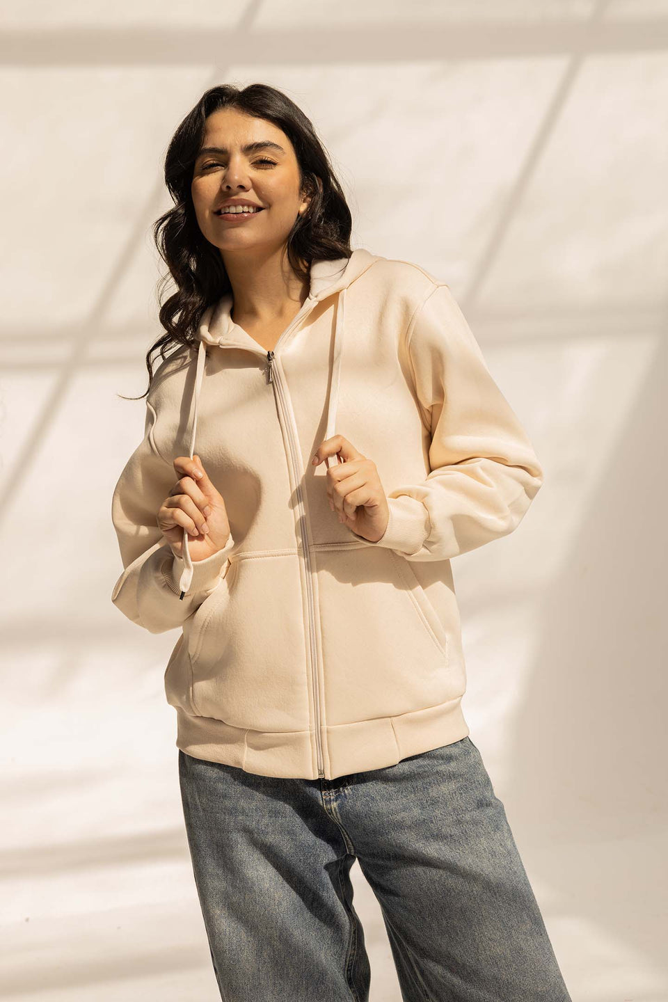Beige Melton Zipped Hoodie