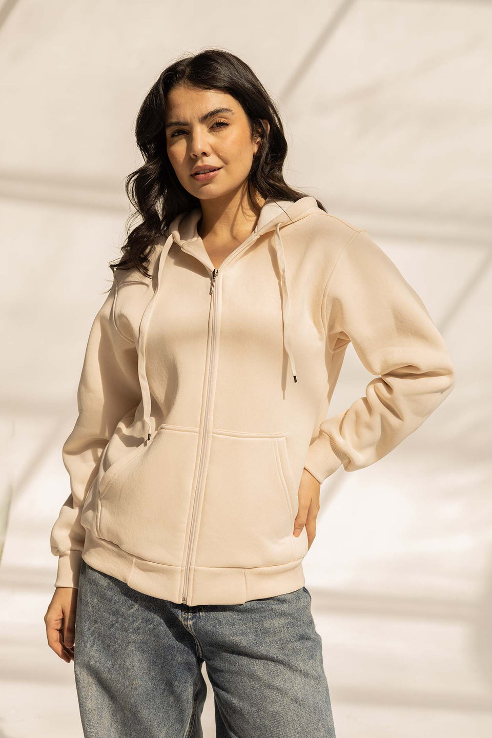 Beige Melton Zipped Hoodie