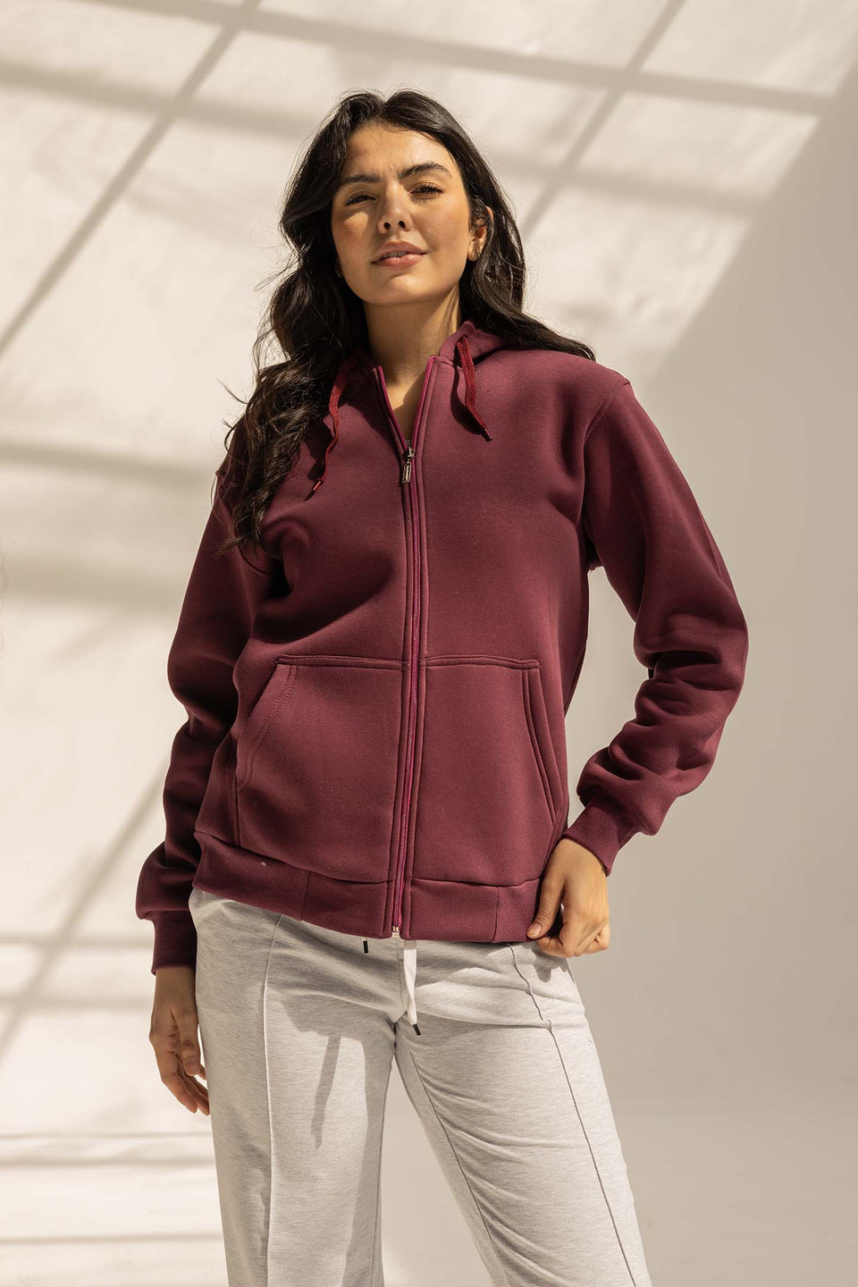 Burgundy Melton Zipped Hoodie