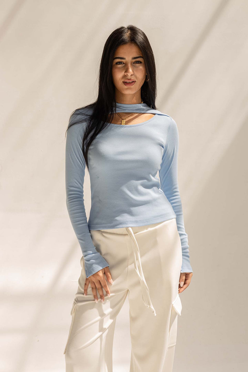 Blue Ribbed Cut-Out Neckline Cotton Top