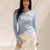 Blue Ribbed Cut-Out Neckline Cotton Top