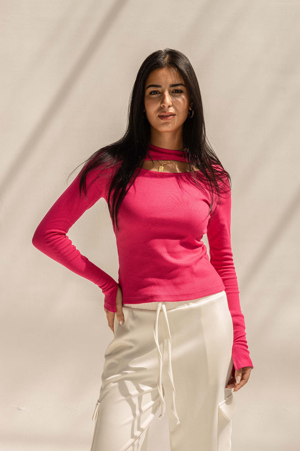 Hot Pink Ribbed Cut-Out Neckline Cotton Top
