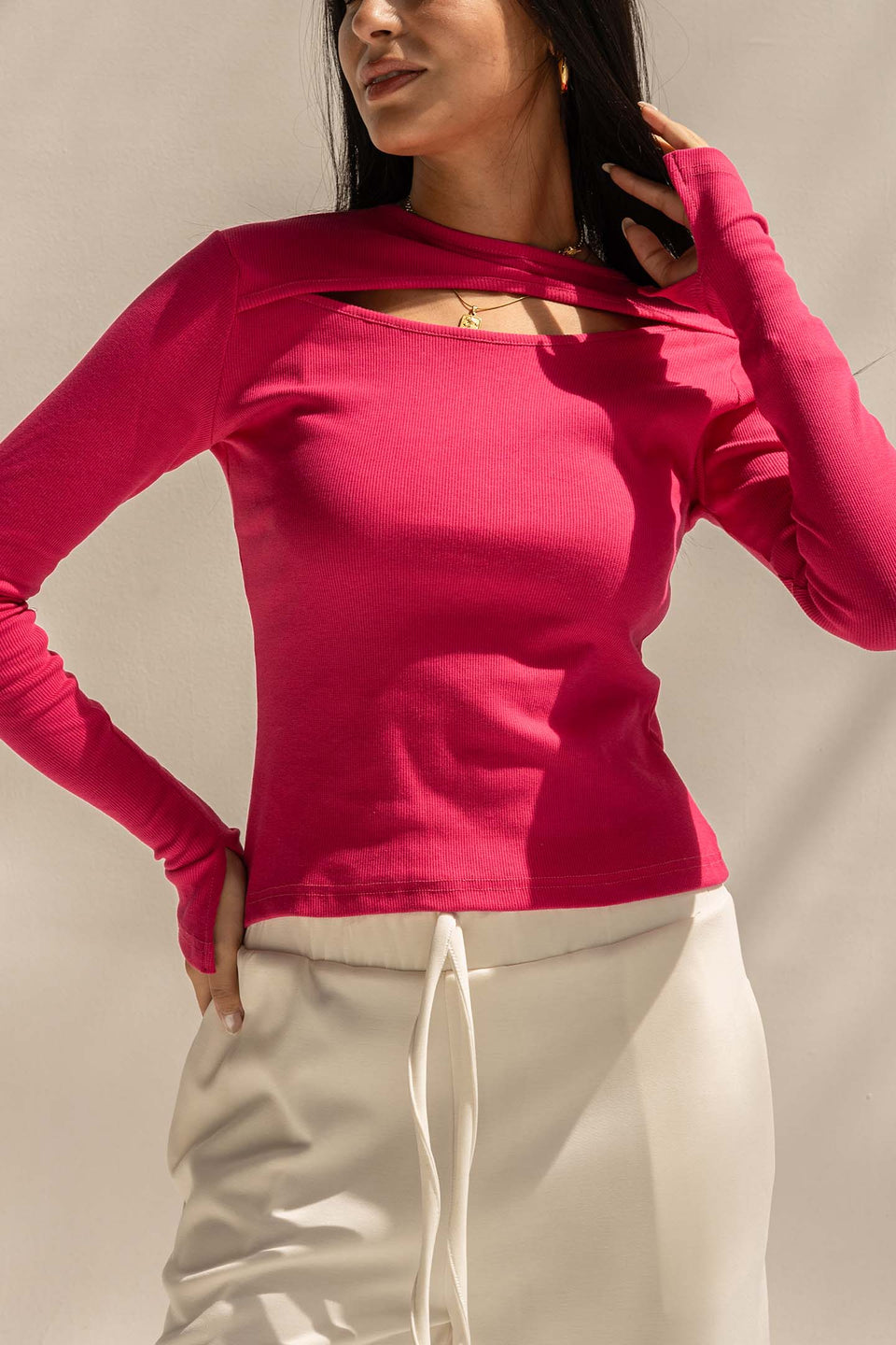 Hot Pink Ribbed Cut-Out Neckline Cotton Top