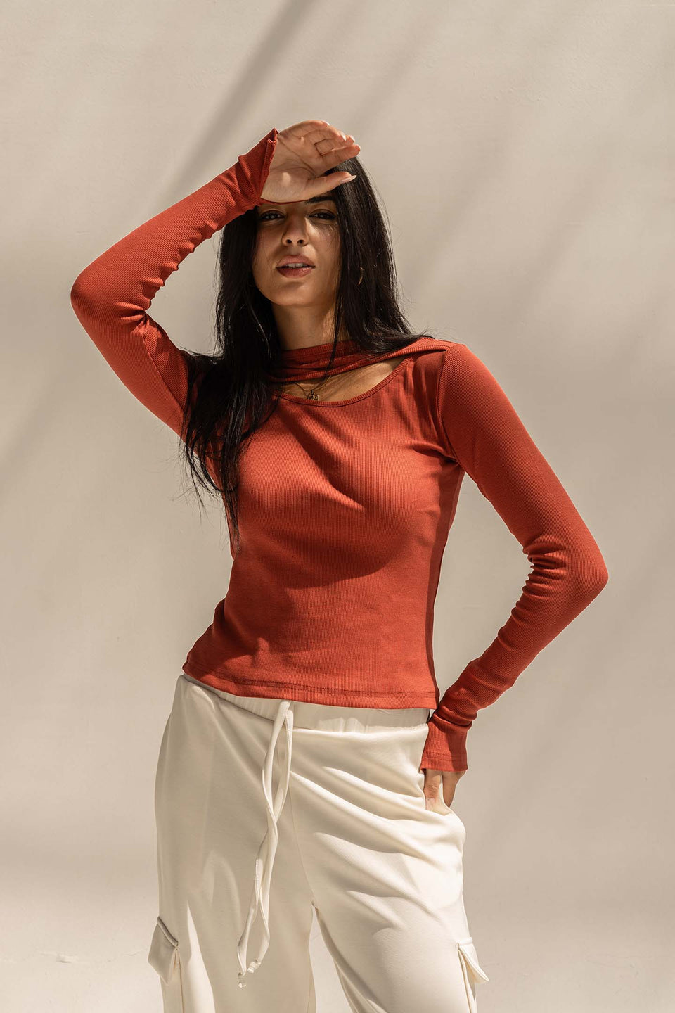 Orange Ribbed Cut-Out Neckline Cotton Top