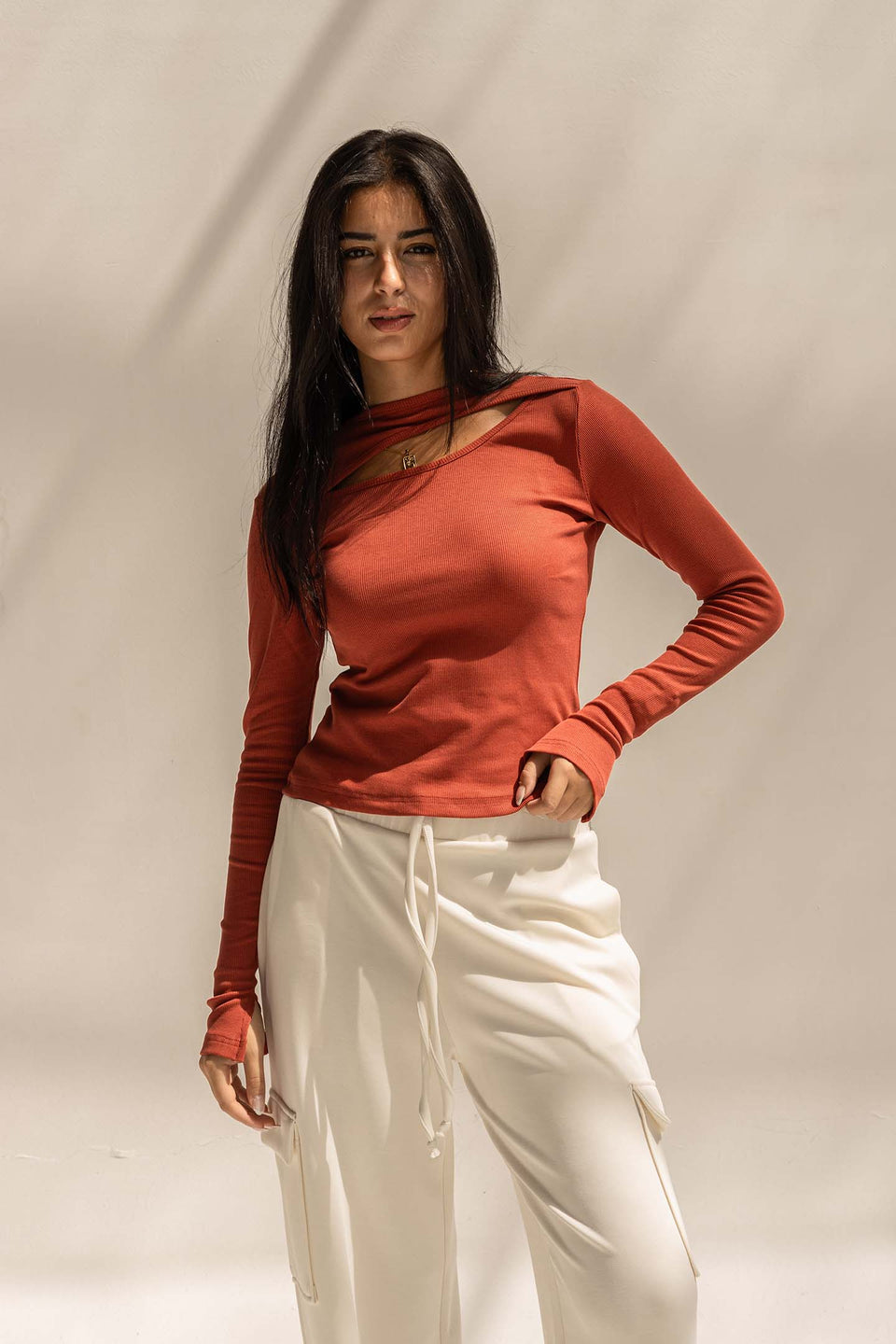 Orange Ribbed Cut-Out Neckline Cotton Top
