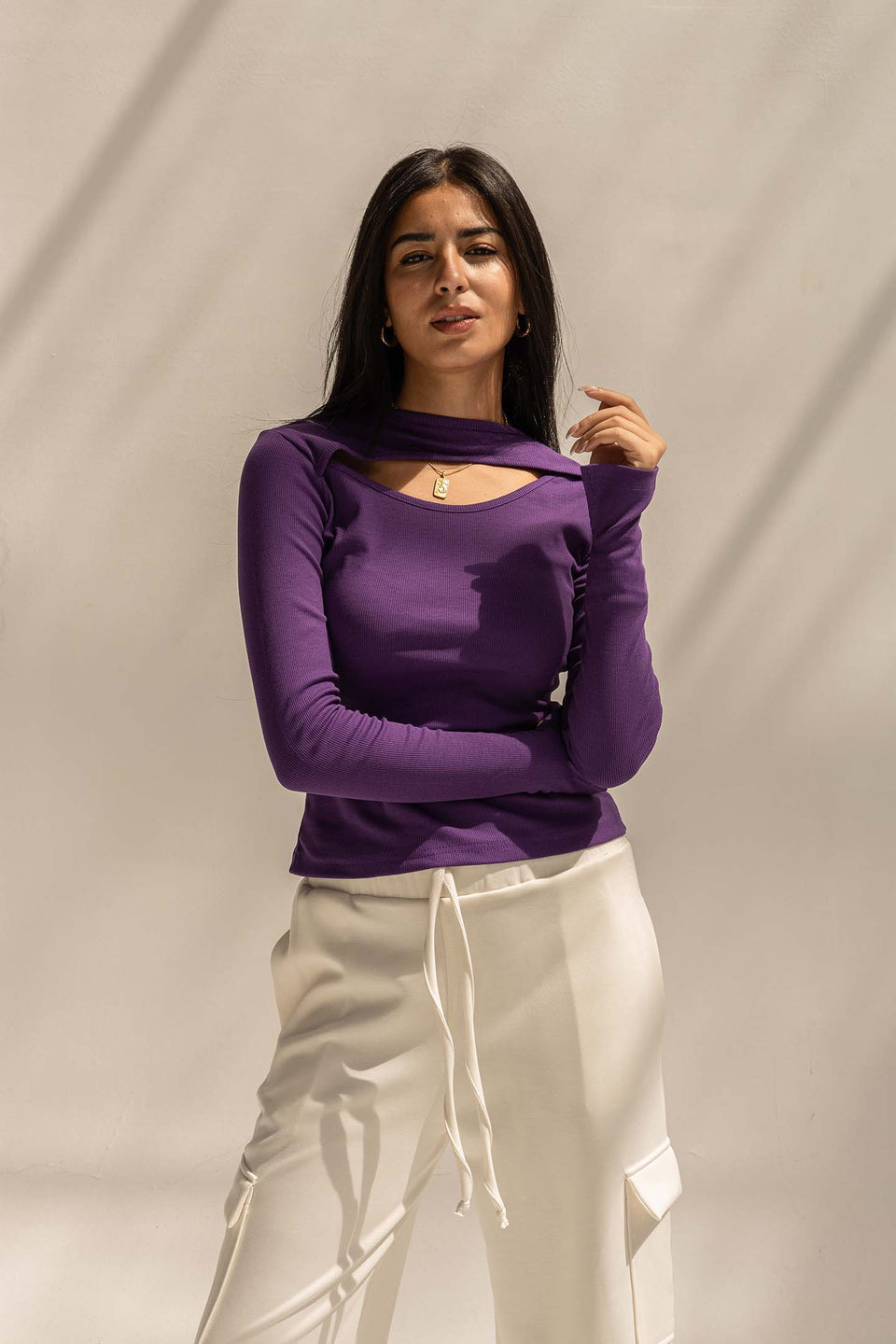 Purple Ribbed Cut-Out Neckline Cotton Top