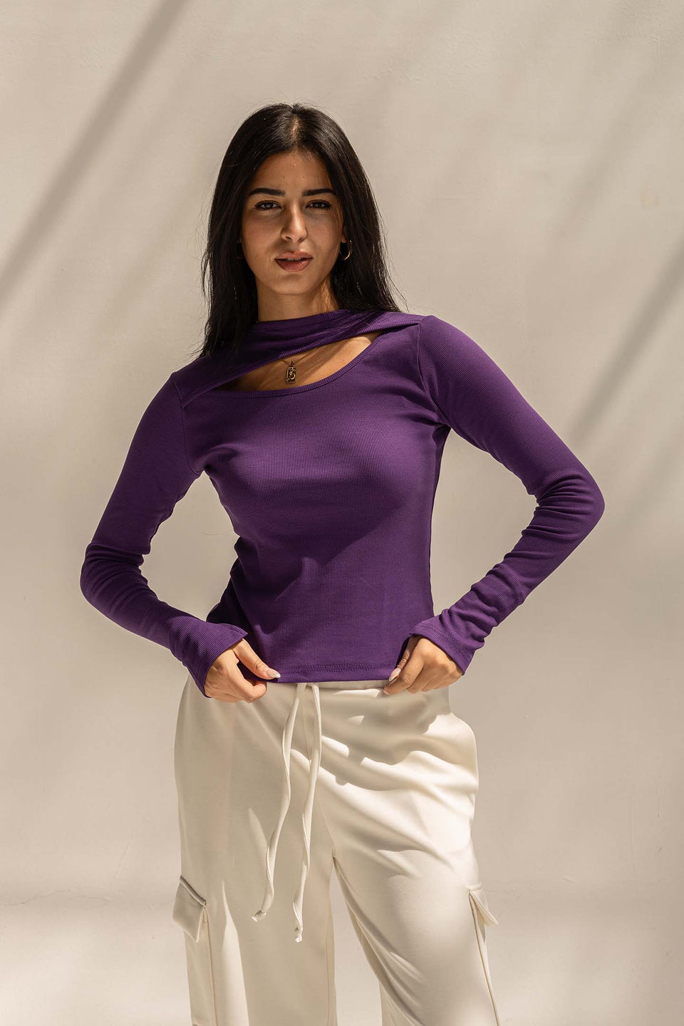 Purple Ribbed Cut-Out Neckline Cotton Top