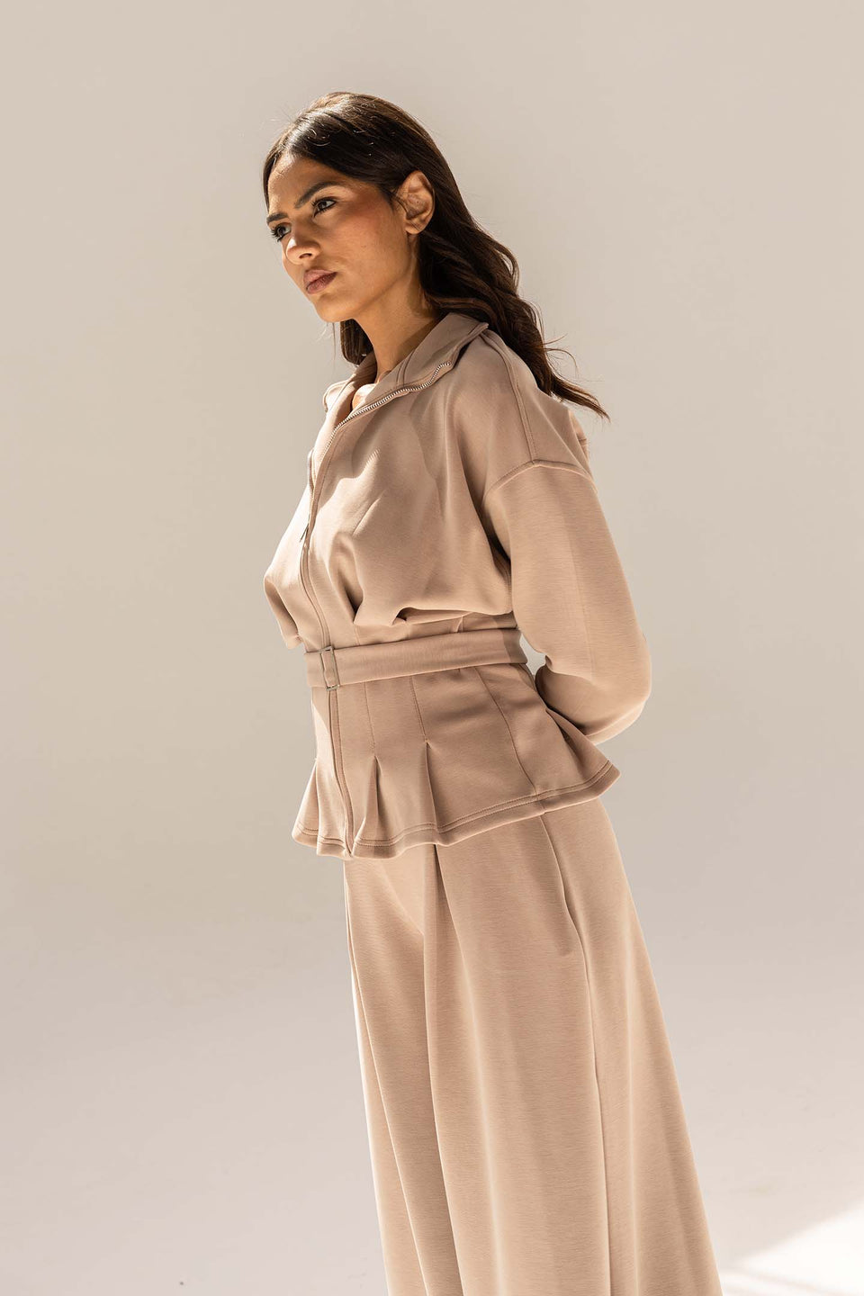 Coffe Tailored Elegant Pleats Set