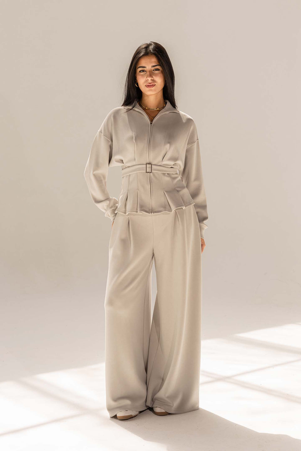 Grey Tailored Elegant Pleats Set